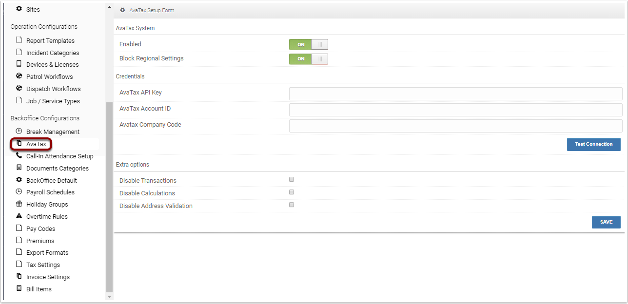 Tax Engine Avalara Tax (v15) Settings TrackTik Help Center