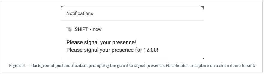 Background push notification prompting the guard to signal presence